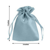 Light blue satin drawstring bag, 7 inches tall and 5 inches wide.