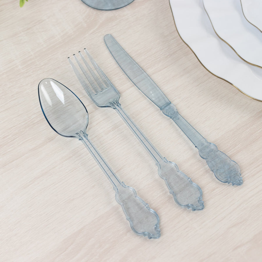 72 Pcs Plastic Silverware Set in Baroque Style Transparent Dusty Blue