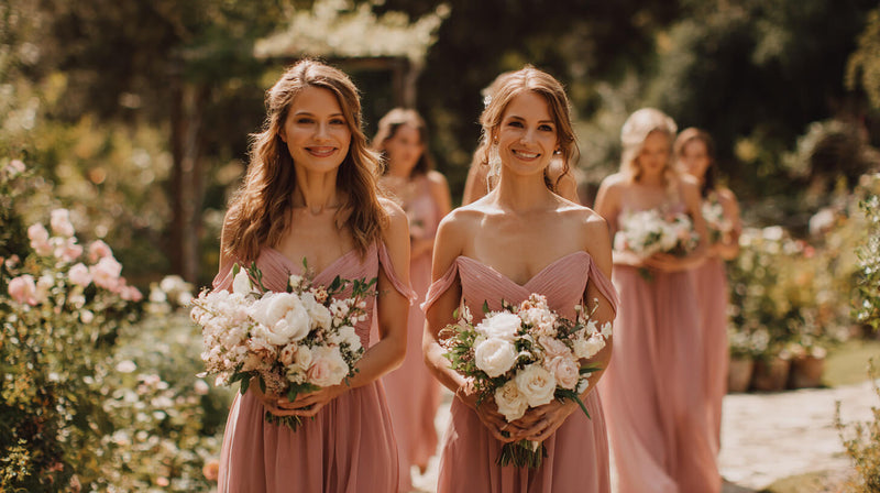 Bridesmaids in dusty rose dresses holding bouquets