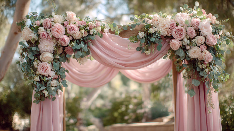 Dusty rose ceremony arch with draped fabric and flowers