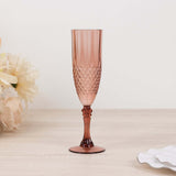 6 Pack 8oz Dusty Rose Crystal Cut Reusable Plastic Wedding Flute Glasses, Shatterproof