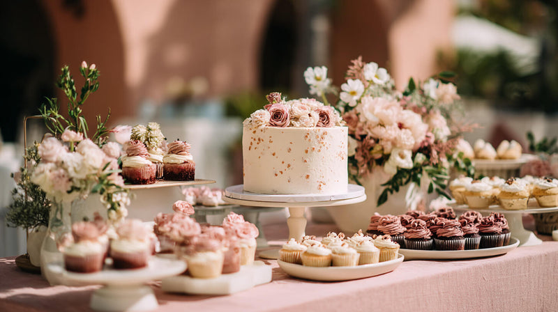 Dessert table with wedding cake and cupcakes