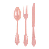 72 Pack Dusty Rose Plastic Silverware Set in Baroque Style, Heavy Duty Disposable Forks#whtbkgd