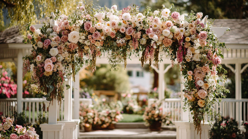 Floral wedding arch with pink and white roses