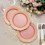 8inch Dusty Rose Plastic Dessert Salad Plates, Disposable Tableware Round With Gold Scalloped Rim