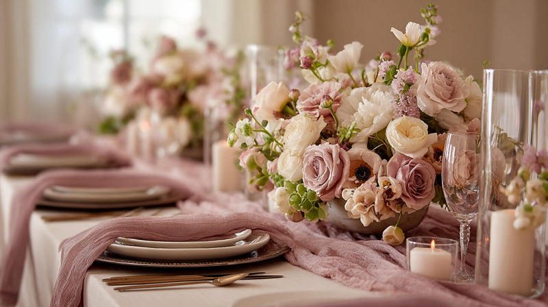 Reception table with pink floral centerpiece and candles
