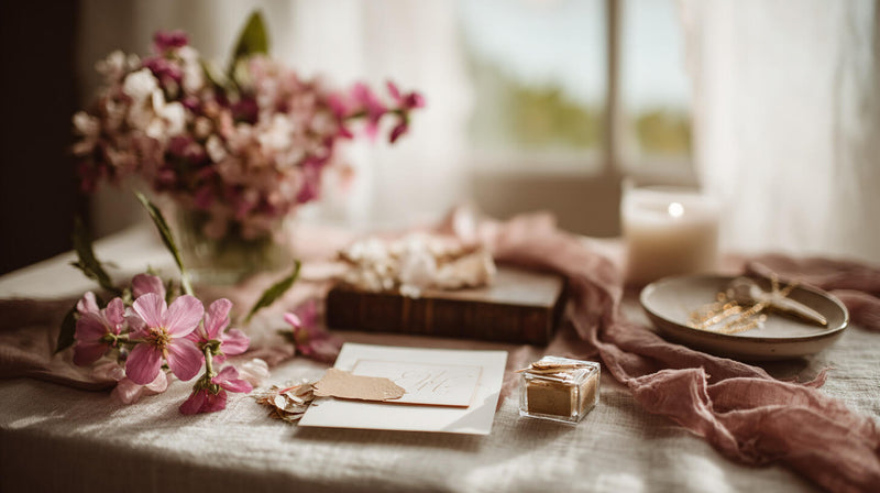 Wedding details flat lay with invitation, flowers, and perfume