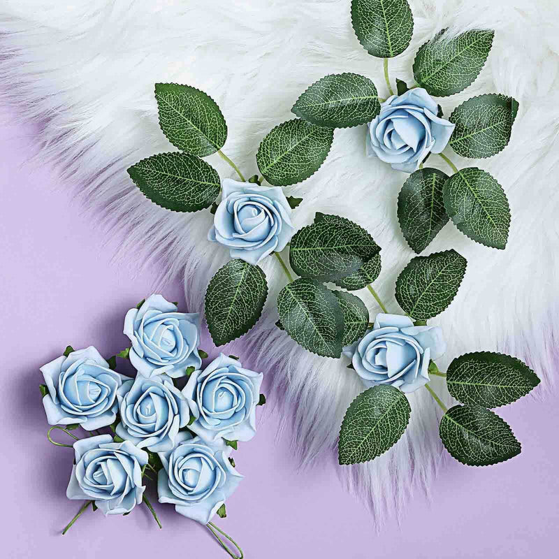 Blue roses with green leaves on lavender background