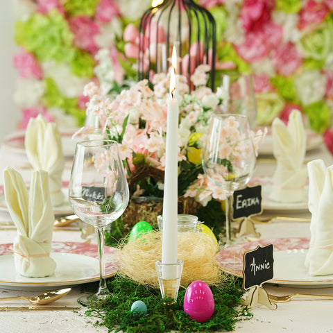 Easter tablescape with folded bunny napkins