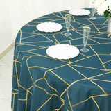 120inch Peacock Teal Polyester Tablecloth With Gold Foil Geometric Pattern