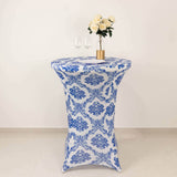 Royal Blue Damask Cocktail Spandex Table Cover, 24-32inch Highboy Stretch Fitted Tablecloth