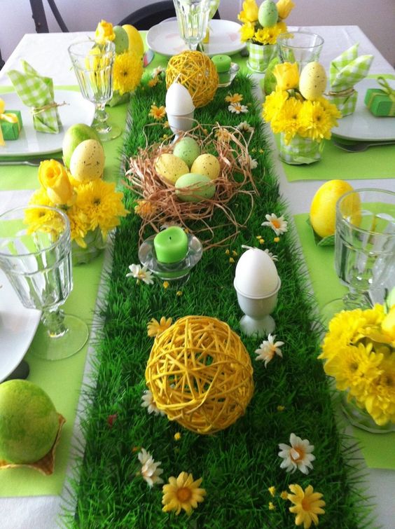 Easter table setting with grass runner, eggs, and yellow flowers