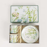 Greenery Theme Bridal Shower Gift Set, Set of 2 Porcelain Espresso Cups and Saucers with Box