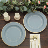 25 Pack | 10inch Dusty Blue Gold Rim Sunray Disposable Dinner Plates