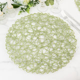 6-Pack Table Placemats Woven Fiber Design Sage Green Round - Disposable Mats for Dining and Events 15"