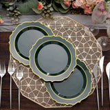 Hunter Emerald Green Plastic Dessert Salad Plates, Disposable Tableware Round Gold Scalloped Rim