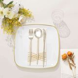 10 Pack | 10inch White with Gold Rim Square Plastic Lunch Party Plates, Disposable Dinner Plates