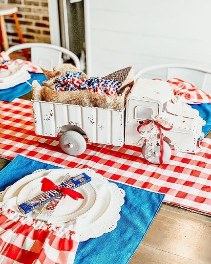 Festive patriotic tabletop with flags and jars