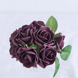 24 Roses | 2inch Eggplant Artificial Foam Flowers With Stem Wire and Leaves