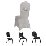 Silver Spandex Banquet Chair Cover with Rhinestone Buckled Sash Band, Stretched Fitted Slip On Chair