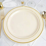 10 Pack | 10inch Très Chic Gold Rim Ivory Disposable Dinner Plates, Plastic Party Plates