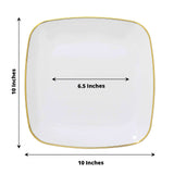 10 Pack | 10inch White with Gold Rim Square Plastic Lunch Party Plates, Disposable Dinner Plates