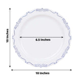 10 Pack White Blue Vintage Rim Disposable Party Plates With Embossed Scalloped Edges