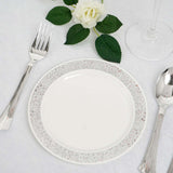 10 Pack | 6inch Silver Lace Rim White Disposable Salad Plates, Plastic Dessert Appetizer Plates