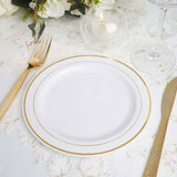 10 Pack | 8inch Très Chic Gold Rim White Disposable Salad Plates, Plastic Dessert Appetizer Plates