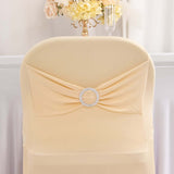 Beige Spandex Folding Chair Covers with Silver Rhinestone Buckled Sash Band