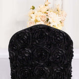 Black Satin Rosette Spandex Stretch Banquet Chair Cover, Fitted Slip On Chair Cover