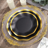 25 Pack | 8inch Matte Black / Gold Wavy Rim Disposable Salad Plates, Appetizer Dessert Party Plates