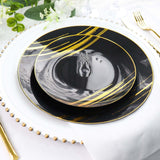 10 Pack | Black & Gold Brush Stroked 7inch Round Plastic Dessert Plates