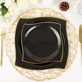 10 Pack | 8inch Black / Gold Wavy Rim Modern Square Plastic Dessert Plates, Disposable Salad Plates