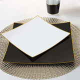 10 Pack | 8inch White / Gold Concave Modern Square Plastic Dessert Plates, Disposable Salad Plates