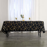 60"x102" Black Rectangle Polyester Tablecloth With Gold Foil Geometric Pattern