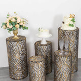 Set of 5 Black Wave Mesh Cylinder Pedestal Stand Covers with Embroidered Sequins, Premium Pillar