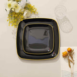 10 Pack | 7inch Black with Gold Rim Square Plastic Salad Party Plates, Dessert Appetizer Plates