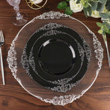 10 Pack | 10inch Black Silver Leaf Embossed Baroque Plastic Dinner Plates