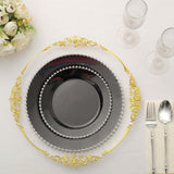 10-Pack Black Plastic Dessert Plates – 8inch Round with Silver Beaded Rim, Disposable for Parties