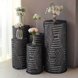 Set of 5 Black Sequin Mesh Cylinder Pedestal Pillar Prop Covers with Geometric Pattern Embroidery