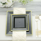 10 Pack | 7inch Gold Trim Black Square Plastic Salad Dessert Plates