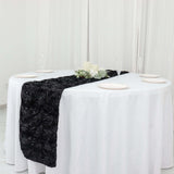 14inch x 108inch Black Grandiose 3D Rosette Satin Table Runner