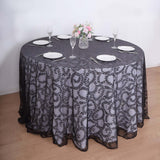 120inch Black Sequin Leaf Embroidered Seamless Tulle Round Tablecloth