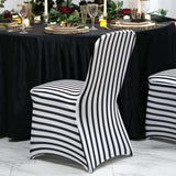 Black/White Striped Spandex Stretch Banquet Chair Cover, Fitted Chair Cover With Foot Pockets