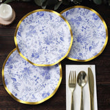 25 Pack | 8inch White / Blue Chinoiserie Disposable Salad Plates With Gold Wavy Rim Floral