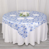 White Blue French Toile Floral Satin Table Overlay, Square Tablecloth Topper