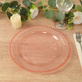 10 Pack Transparent Blush Plastic Party Plates with Beaded Rim, Round Disposable Dinner Plates