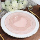 10 Pack | 7.5inch Blush / Rose Gold Plastic Salad Plates With Gold Rim And Hammered Design