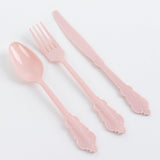 72 Pack Blush Plastic Silverware Set in Baroque Style, Heavy Duty Disposable Forks